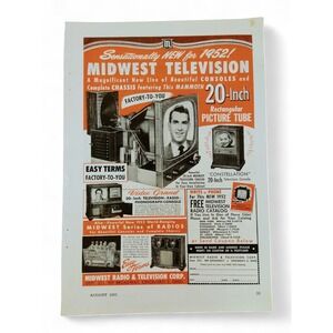 1951 Midwest Television Print Ad 20-Inch Picture Tube Console Factory-to-You MCM